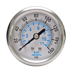 1/4“ NPT，0-160 PSI（0-11BAR），不锈钢压力表